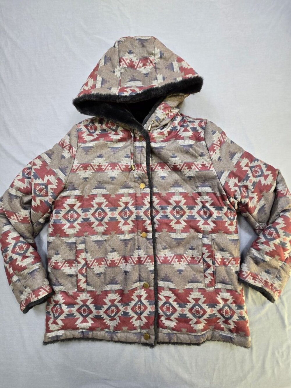 Pendleton Large Womens Hooded Jacket Reversible Aztec Southwest Print Faux Fur